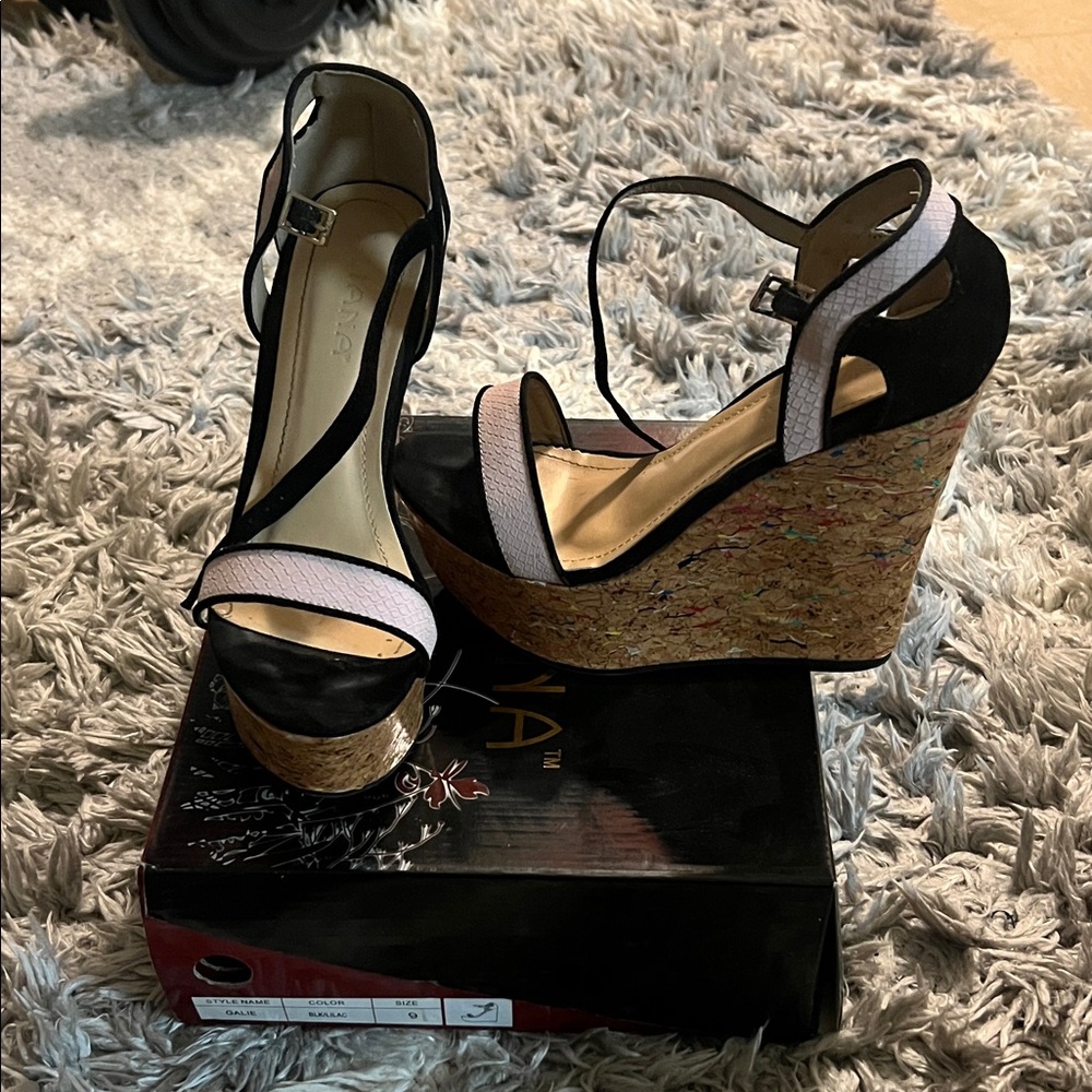 Liliana Black and White Cork Platform Wedge Sandals
